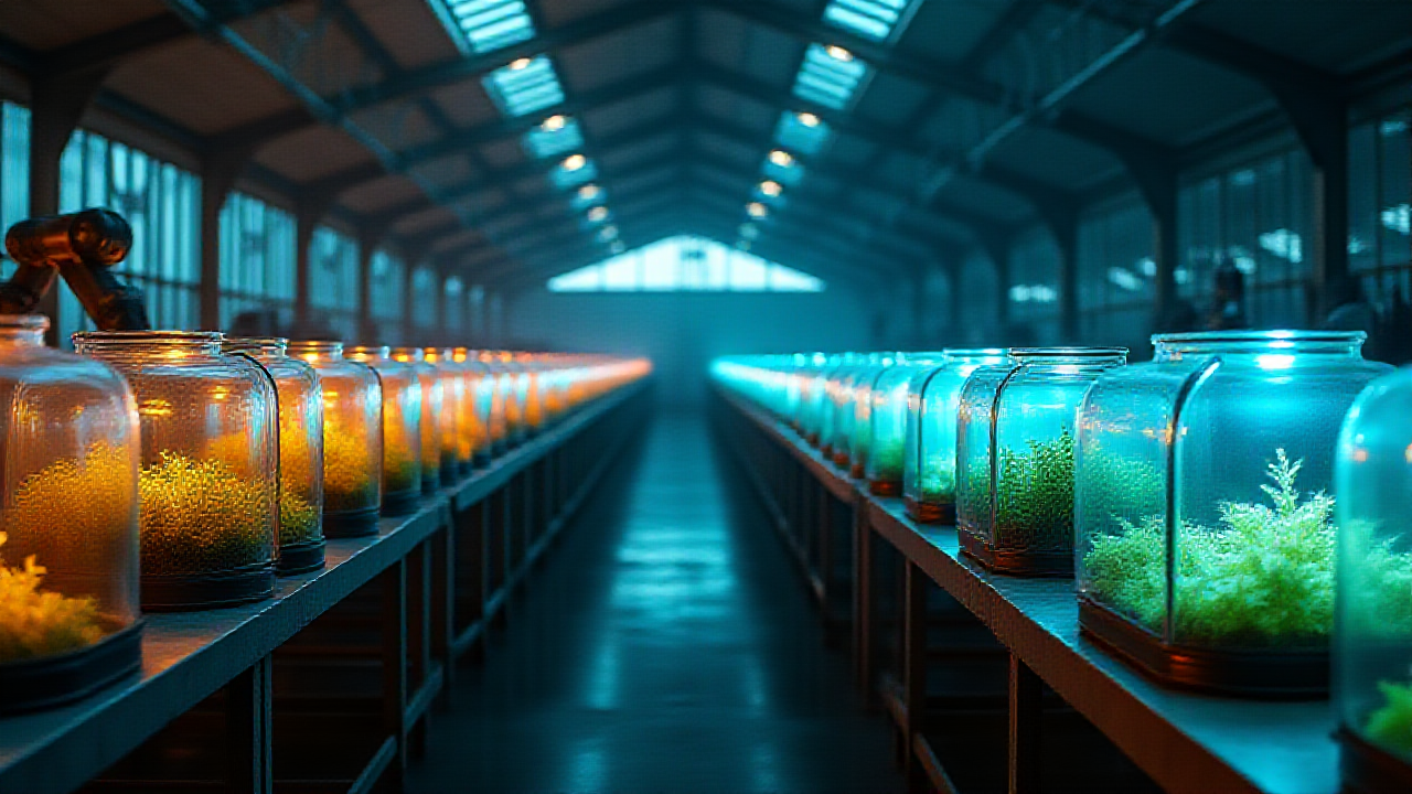 A dark greenhouse with long rows of glowing glass terrariums in orange, teal, and green — the browser farm.