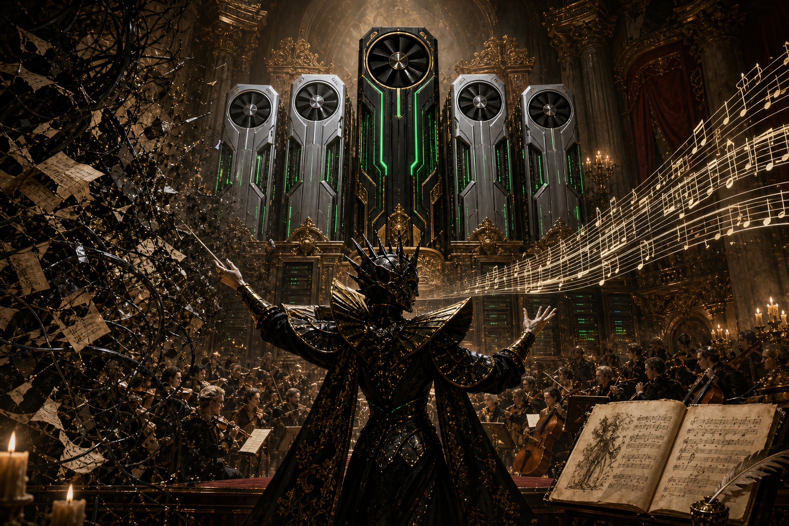 A black-and-gold baroque conductor leads an orchestra beneath five glowing GPU organ towers as tangled code resolves into musical notation.