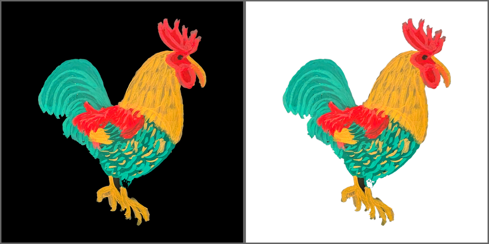 Rooster on black looks fine; the transparent variant is full of holes