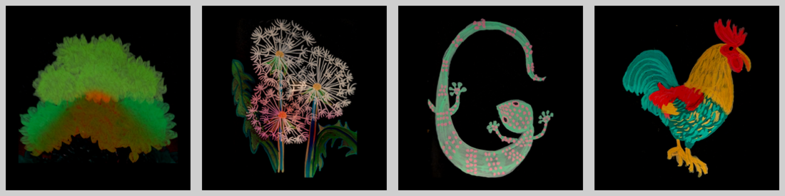 Four early logos: the tree has no trunk and wrong colours, the dandelion is red