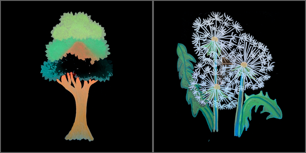 The canopy tree with an orange ghost through its middle; the dandelion now correct